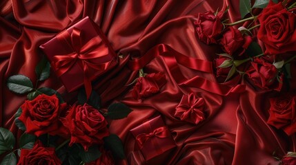 Sticker - Red Roses and Gifts on Satin Fabric