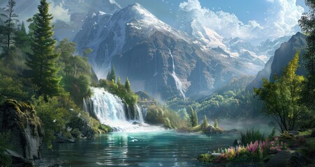 Wall Mural - Stunning landscape of a mountain valley with waterfalls, lake, and lush green forest.  Perfect for nature, travel, and fantasy-themed projects.