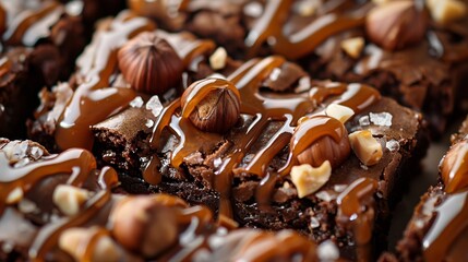 Wall Mural - A close-up of the brownie's surface, showcasing hazelnuts and caramel drizzle for an exotic touch.