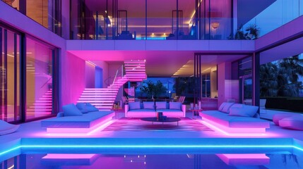 Canvas Print - Modern Villa with Pool and Neon Lights