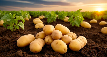 A Pile of ripe potatoes in farm field, Potato harvest time, Farming fresh and healthy vegetable