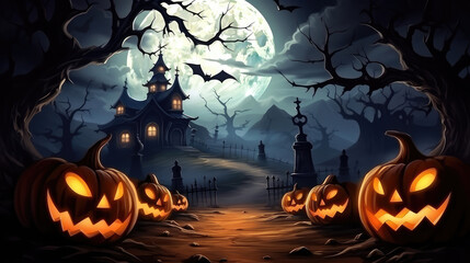 Wall Mural - Halloween background with pumpkins, bats and moon., generative ai