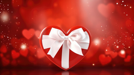 Wall Mural - Red heart with white bow on red bokeh background. Valentines day card, generative ai