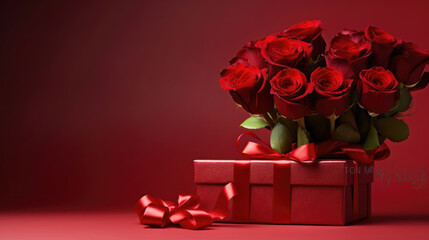 Wall Mural - Gift box and red roses on red background. Valentine's Day, generative ai