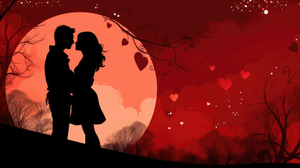 Wall Mural - Silhouette of a loving couple against a red background with hearts., generative ai