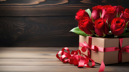 Wall Mural - Valentine's day, wood background with roses and gift box on wooden table, generative ai