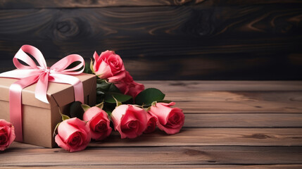 Wall Mural - Valentines day background with roses and gift box on wooden table, generative ai