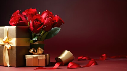 Wall Mural - Red roses and golden gift box on red background, valentines day concept, generative ai