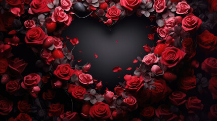 Wall Mural - Valentines day background with red heart and roses., generative ai