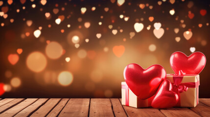 Wall Mural - Heart shaped balloons and gift box on wooden table against bokeh lights, generative ai