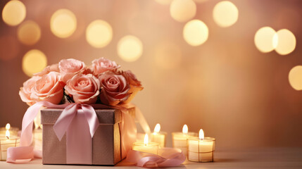 Wall Mural - Beautiful gift box with flowers and candles on table against defocused lights., generative ai