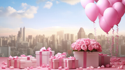 Gift box with pink roses and balloons on the background of the city., generative ai