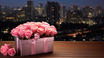 Wall Mural - Gift box with pink roses on wooden table in front of night city., generative ai