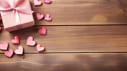 Wall Mural - gift box with pink hearts on a wooden background. valentine's day., generative ai
