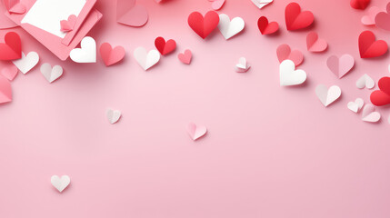 Wall Mural - valentine's day love letter with paper hearts on pink background, generative ai