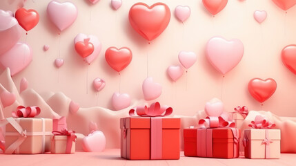 Wall Mural - Valentine's day background with hearts and gift boxes. 3D style., generative ai