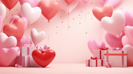 Wall Mural - Valentine's day background with heart-shaped balloons and gift boxes., generative ai