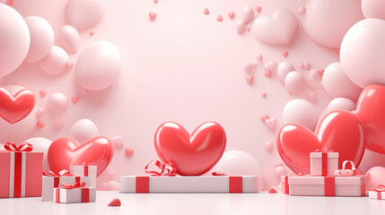 Wall Mural - Valentine's day background with gift boxes and hearts. 3d style., generative ai