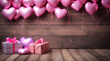 Wall Mural - Pink heart-shaped balloons and gift boxes on a wooden background., generative ai