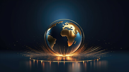 Wall Mural - Abstract gold globe on dark blue background. 3D style. Global business concept., generative ai