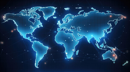 Wall Mural - glowing digital world map with glowing circles on dark background. technology concept., generative a