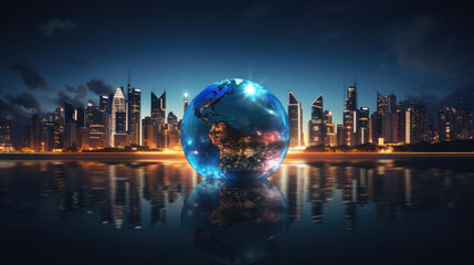 Wall Mural - earth globe with glowing lights on city background., generative ai