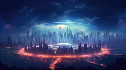 Wall Mural - futuristic city with glowing lights in the night., generative ai