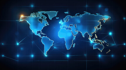 Wall Mural - abstract digital world map on blue background. technology and communication concept., generative ai