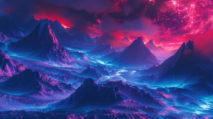 Canvas Print - A surreal landscape with glowing mountains and a fiery sky