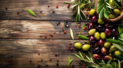 Wall Mural - Variety of olives on rustic wood with space for text Mediterranean vegan cuisine