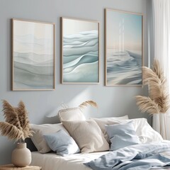 Wall Mural - A cozy bedroom with a neatly made bed adorned with light blue and beige pillows and blankets. 