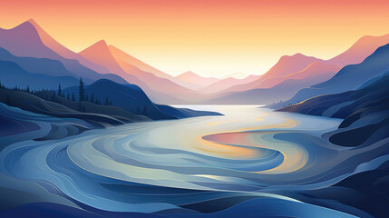Wall Mural - Mountain river wave with morning colorful fog.. illustration art., generative ai