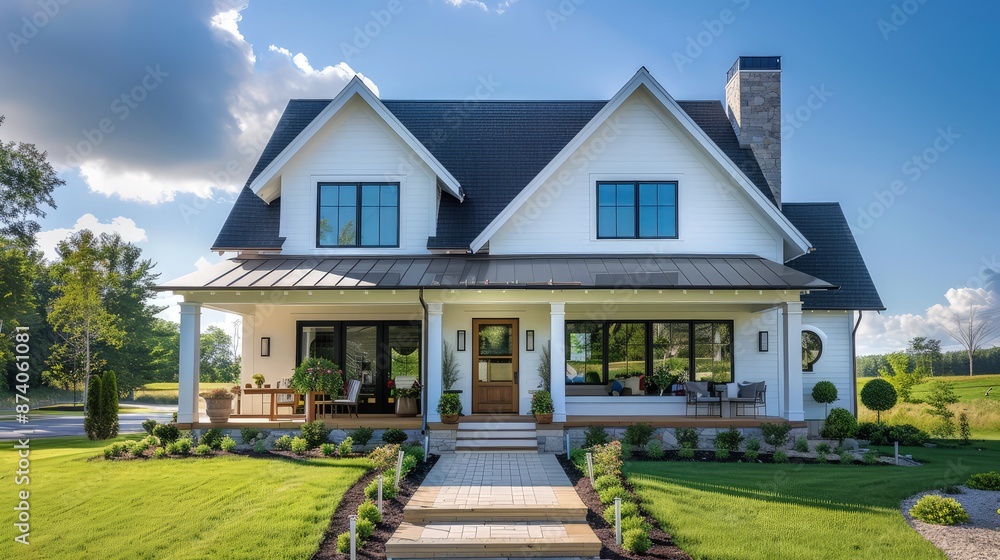 A charming modern farmhouse with a beautifully crafted gabled roof ...