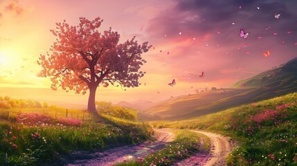 Poster - Sunset Landscape with Cherry Blossom Tree and Butterflies