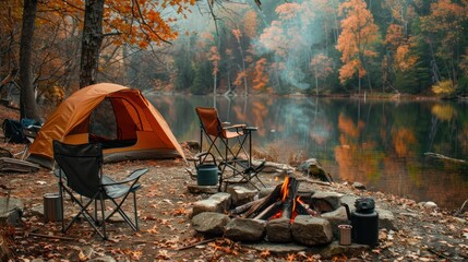 Poster - Camping by the Lake in Autumn