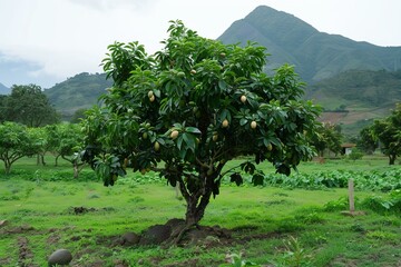 Sticker - Healthy mango tree laden with fruit stands in a vibrant green orchard with mountains in the backdrop