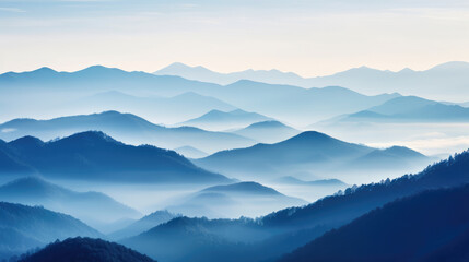 Wall Mural - Mountain range with visible silhouettes through the morning fog., generative ai