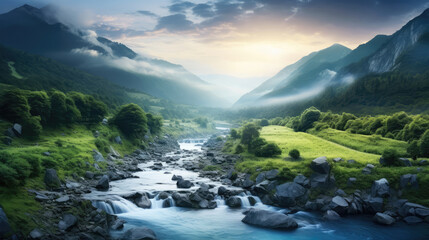 Wall Mural - Foggy mountain landscape with a river in the valley at dawn., generative ai