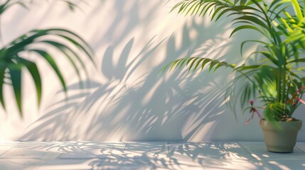 Wall Mural - Empty white background with tropical palm leaves shadows, sunlight and plant in pot on wooden floor. Summer product backdrop concept