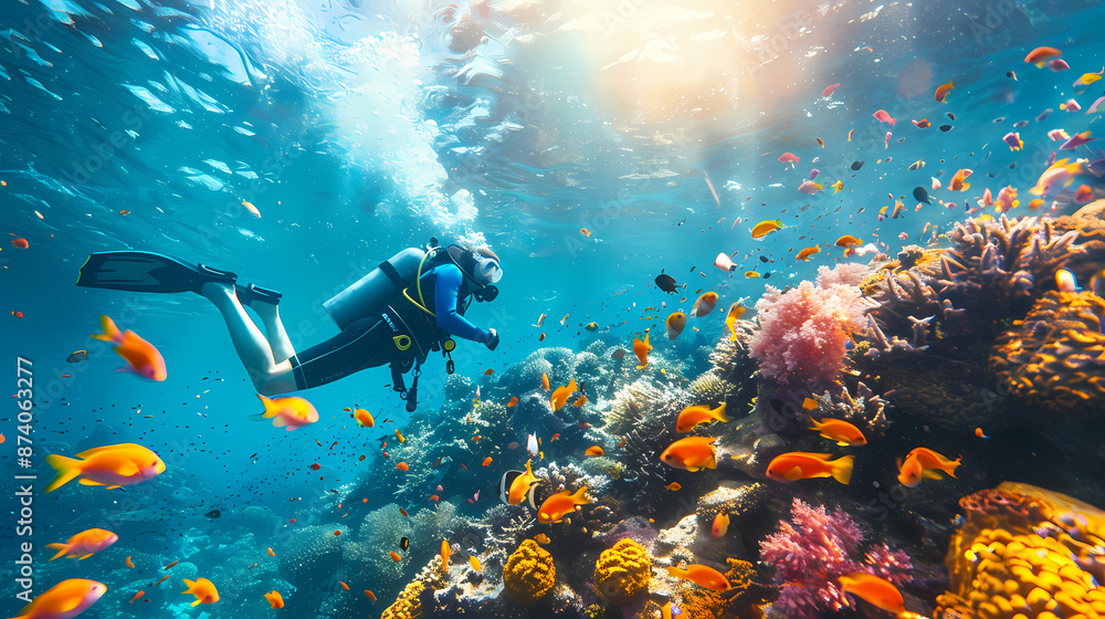 Taking a scuba dive in crystal clear tropical waters, exploring vibrant ...