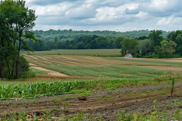 Sticker - Peaceful agricultural landscape showcasing rows of crops under a partly cloudy sky