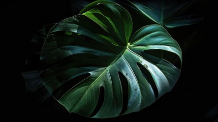 Wall Mural - Tropical Monstera leaf against dark backdrop in eco friendly image