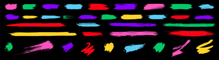 Wall Mural - kids brush line collection. bright vector childish brushstrokes on black bg. scribble shape elements