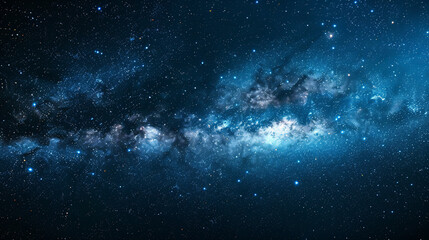 Wall Mural - Panoramic view of a blue night sky featuring the Milky Way and stars against a dark background, capturing the universe filled with nebulae and galaxies. The photo uses long exposure