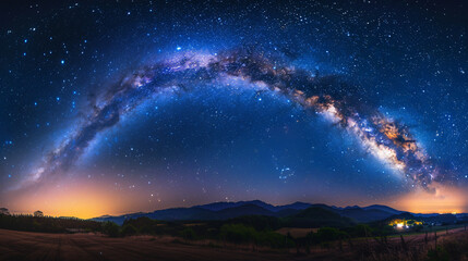 Wall Mural - Panoramic view of a blue night sky featuring the Milky Way and stars against a dark background, capturing the universe filled with nebulae and galaxies. The photo uses long exposure