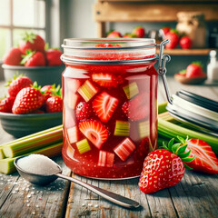 Poster - There is strawberry and rhubarb jam in a glass jar on the table in the kitchen. Canning berries.