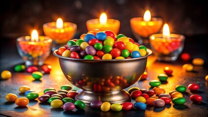 Vibrant colored candies overflow a metallic bowl, surrounded by softly glowing candles, casting a warm ambiance on the dark background.