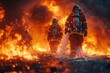 © Nena Ai - Three firefighters in full protective gear and oxygen tanks walk through a forest blaze, spraying water to extinguish fires, showing determination and strength in dangerous conditions.
