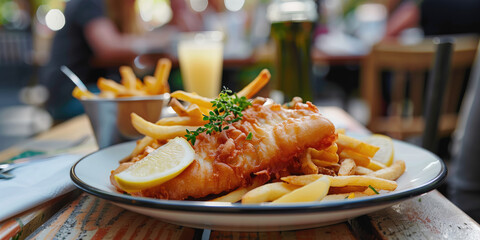 Delicious fish and chips served in an outdoor restaurant in London, United Kingdom.