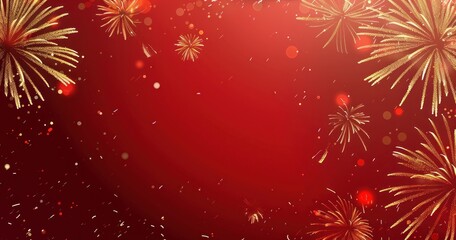 Wall Mural - Red Festive Background with Golden Fireworks